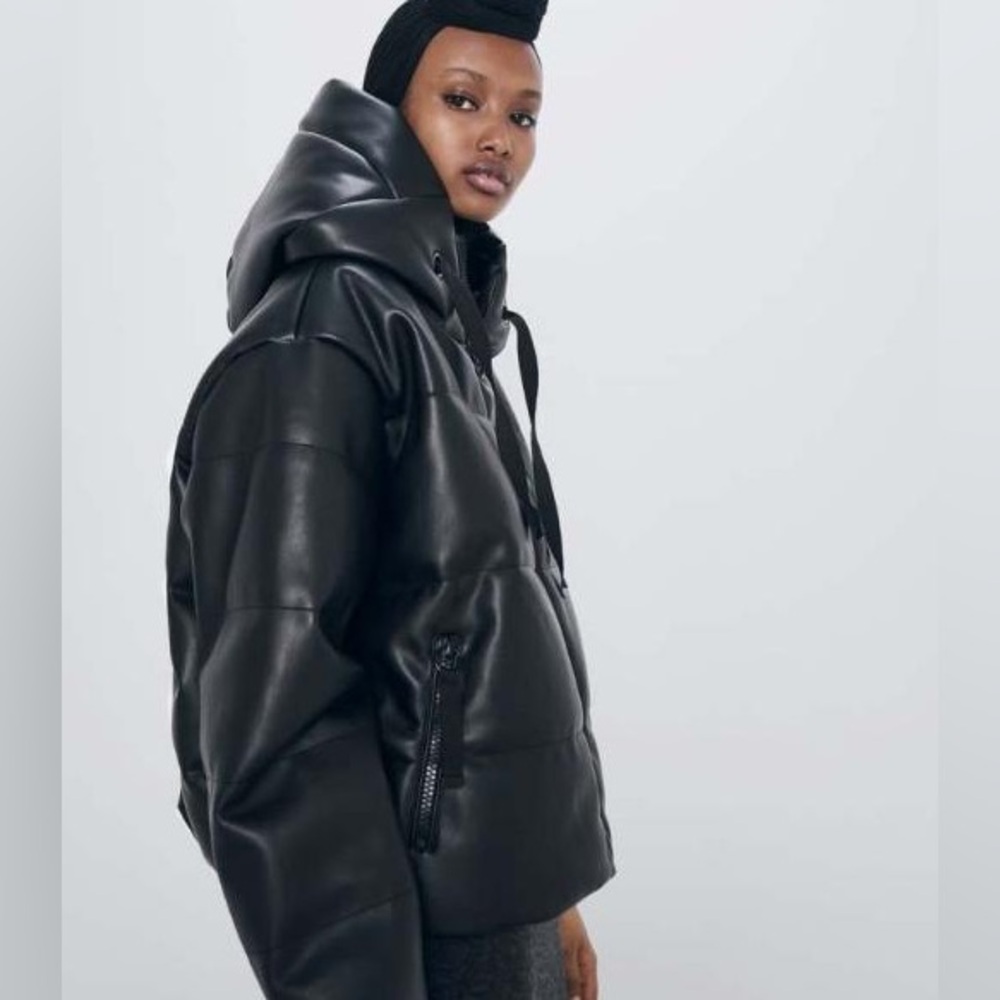 Zara faux leather hoodie puffer jacket